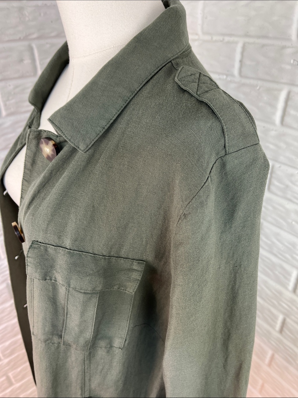 J. JILL UTILITY JACKET ARMY GREEN MILITARY SAFARI BUTTON UP LINEN BLEND SZ LG - Picture 7 of 13